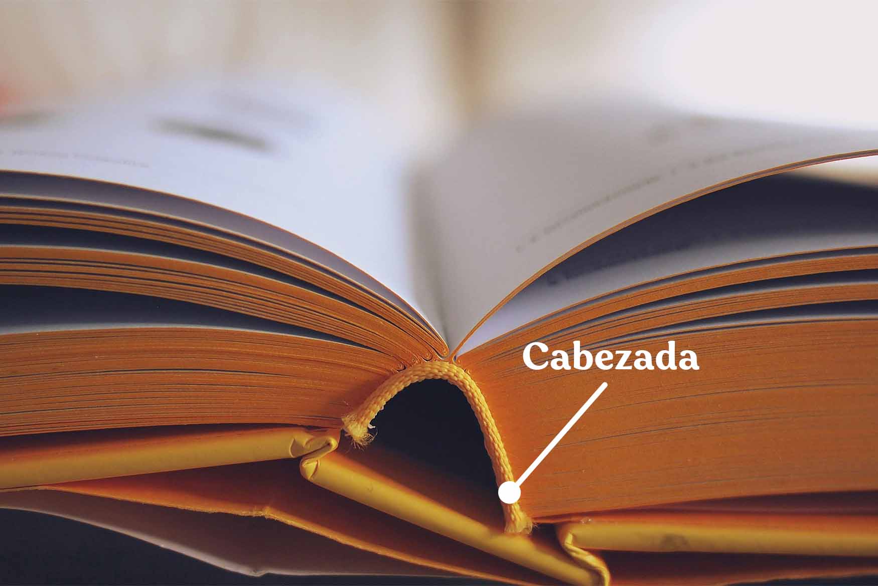 Cabezada de libro de pasta dura en color naranja.