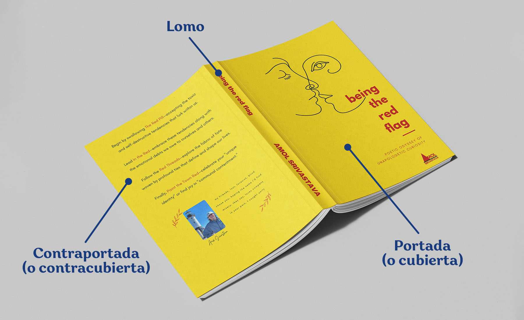 Partes externas de un libro: portada, contraportada y lomo.