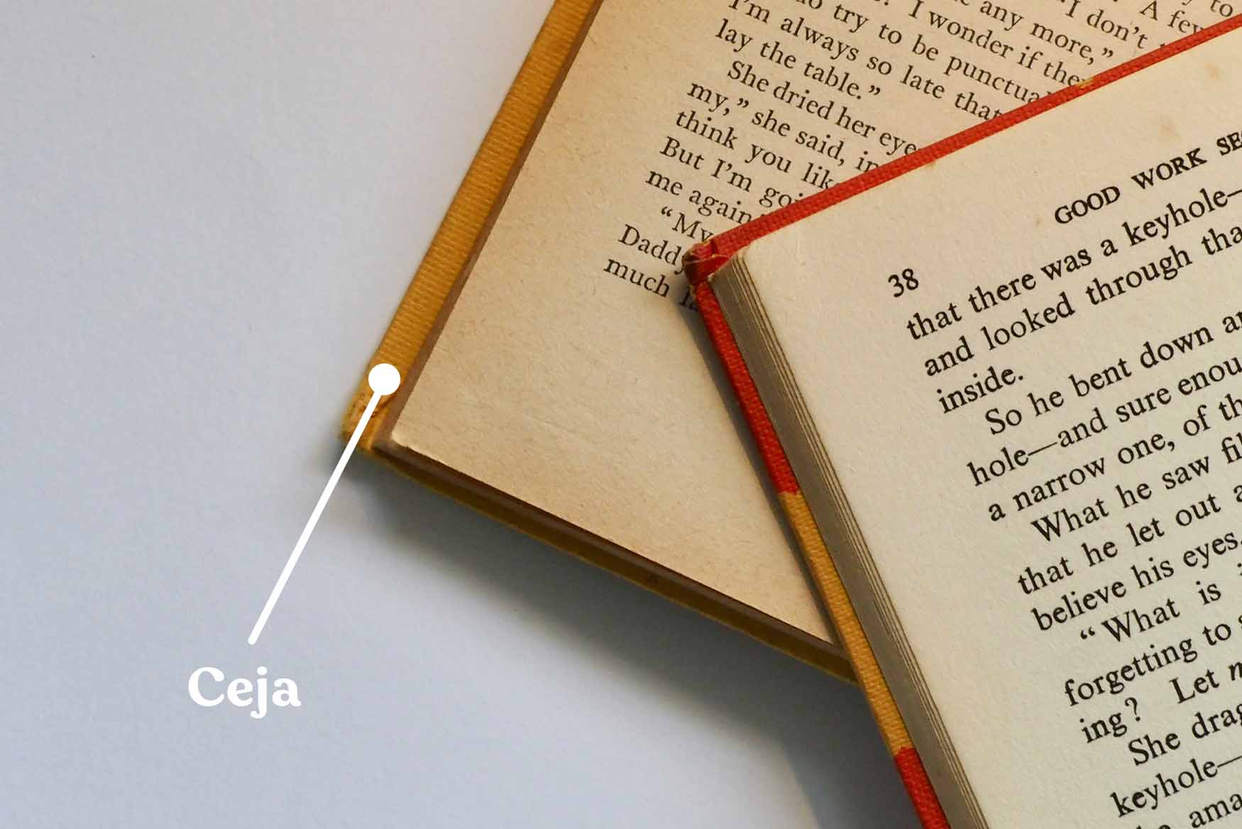 Ceja de libro o corte delantero, hecha con tela de color naranja.