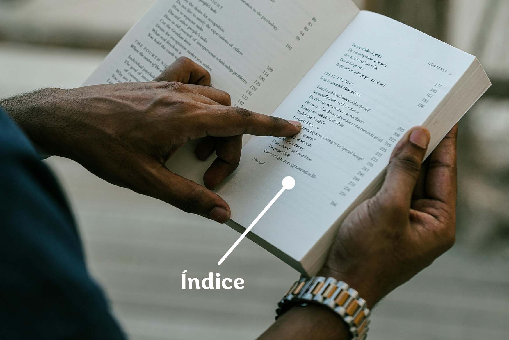 Ejemplo del índice de un libro en inglés.