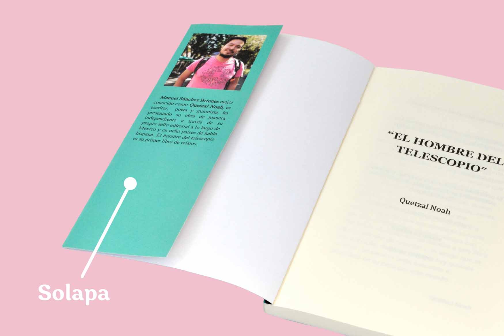 Solapa de libro con información de Quetzal Noah, autor del libro "El hombre del telescopio".